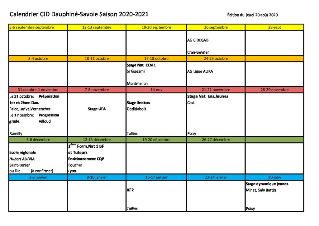 Calendrier des stages 2020/2021