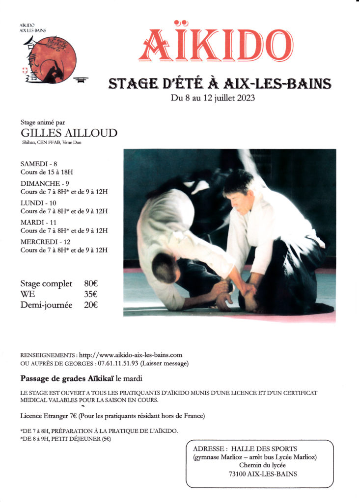 Stage d’été du 8 au 12 Juillet 2023 animé par Gilles Ailloud shihan 7ème Dan à Aix les Bains